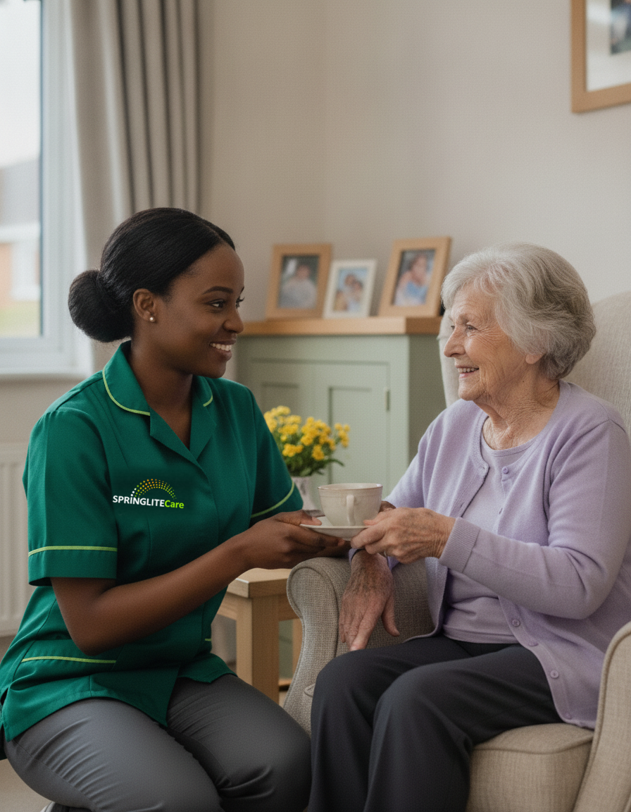 Springlite Care carer in a green uniform sitting and talking with an older woman in her living room